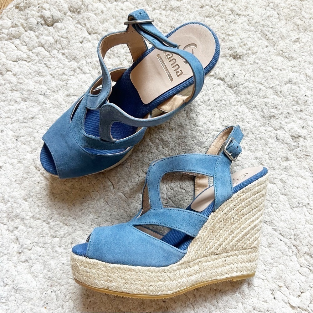 Kanna: Sky Blue Suede Espadrille Ankle Buckle Wedges NWOT Size 39